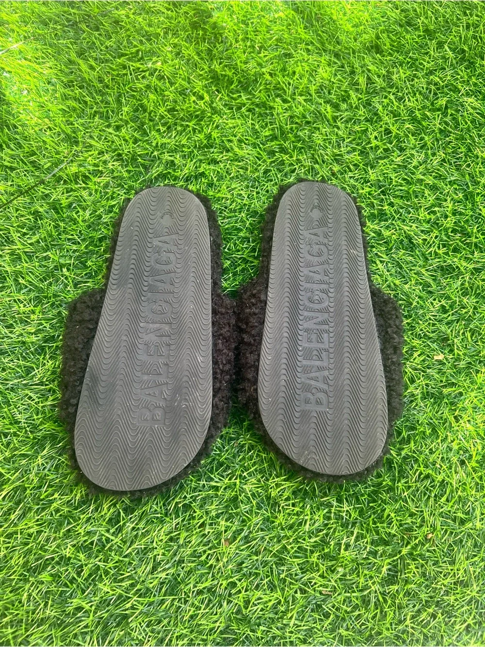 Balenciaga Black Fuzzy Logo Slide Sandals